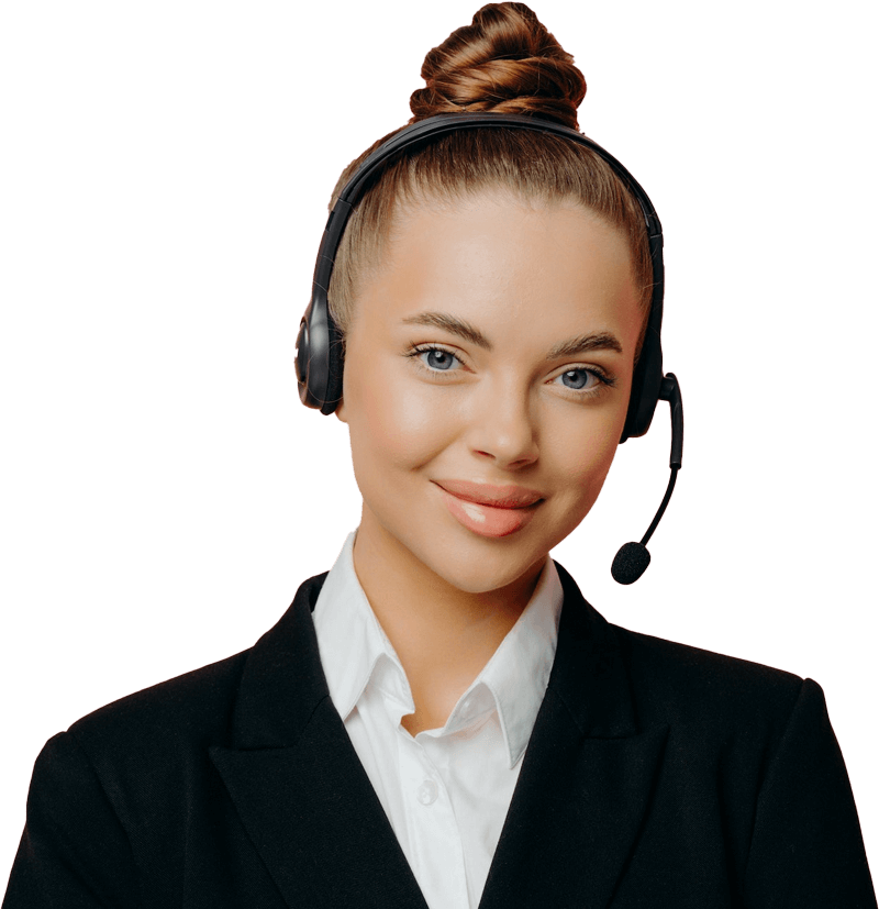 Pretty business lady in headset being happy and satisfied after online meeting